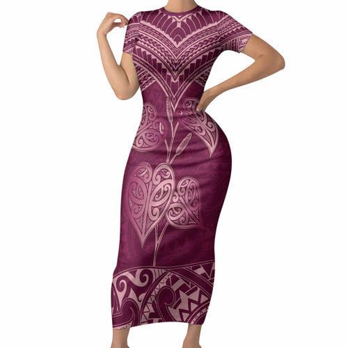 Burgundy New Zealand Kawakawa Maori Ngaru Short Sleeve Bodycon Dress