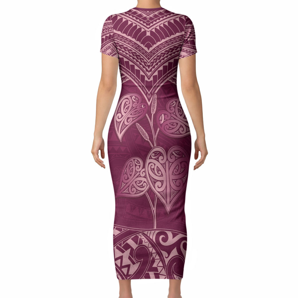 Burgundy New Zealand Kawakawa Maori Ngaru Short Sleeve Bodycon Dress