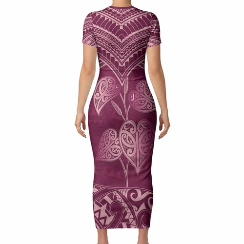 Burgundy New Zealand Kawakawa Maori Ngaru Short Sleeve Bodycon Dress