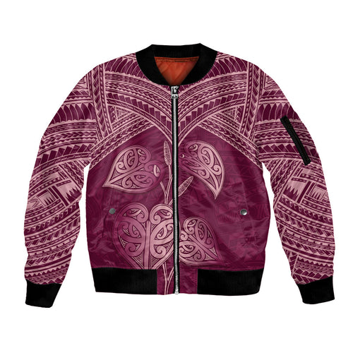 Burgundy New Zealand Kawakawa Maori Ngaru Sleeve Zip Bomber Jacket