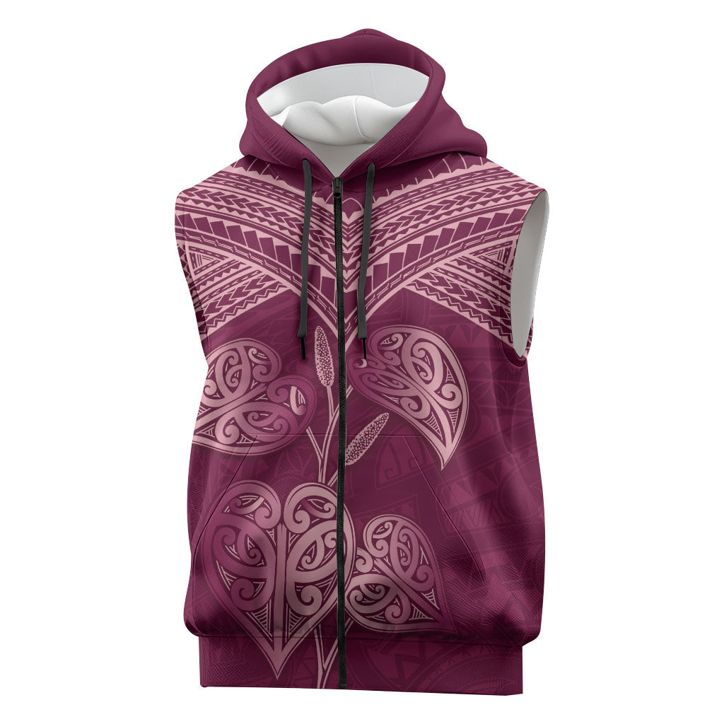 Burgundy New Zealand Kawakawa Maori Ngaru Sleeveless Zip Hoodie
