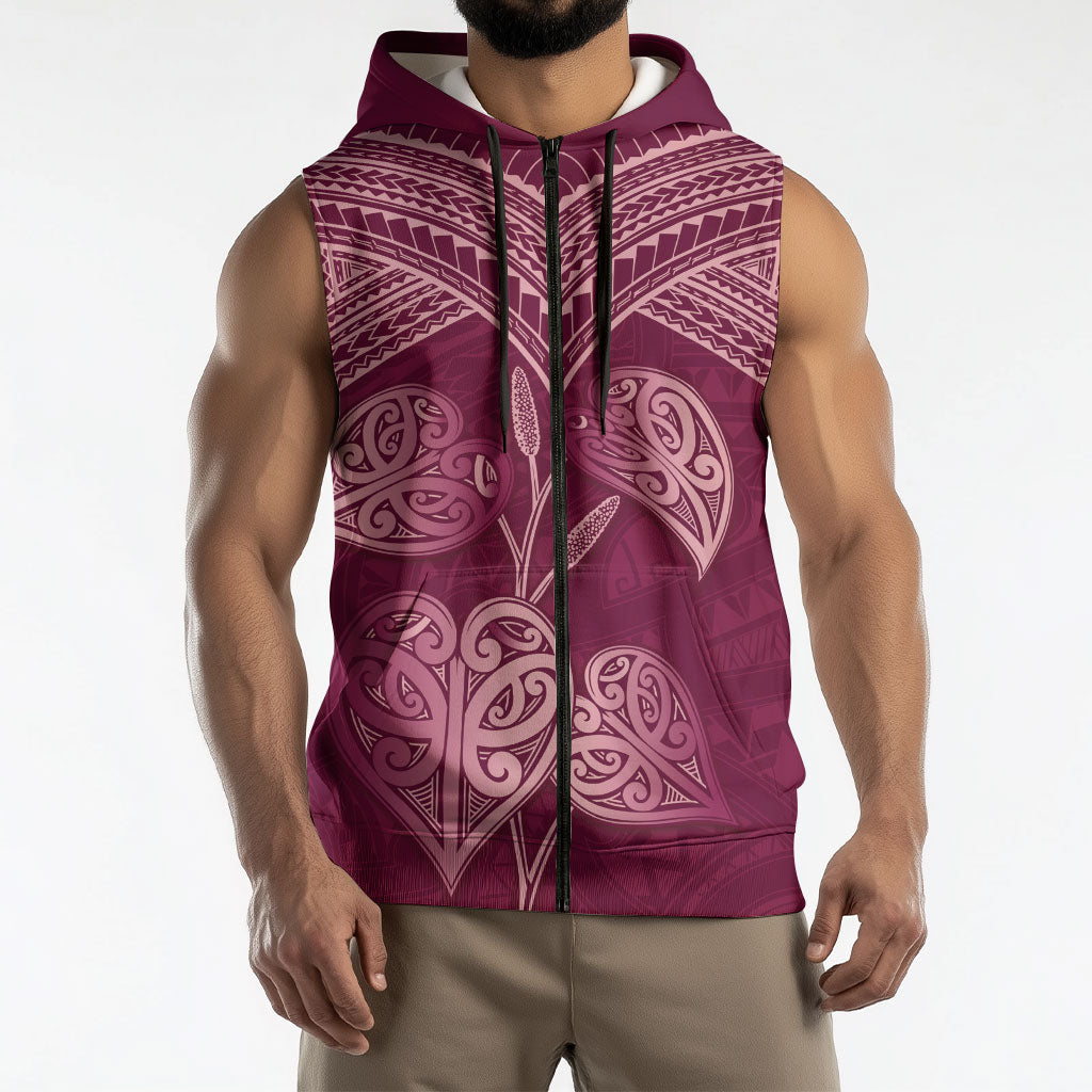Burgundy New Zealand Kawakawa Maori Ngaru Sleeveless Zip Hoodie