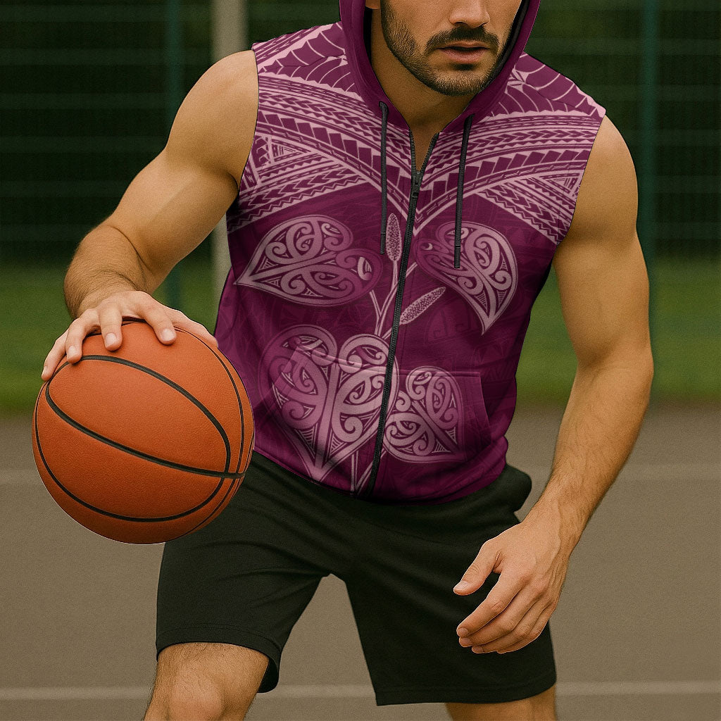 Burgundy New Zealand Kawakawa Maori Ngaru Sleeveless Zip Hoodie