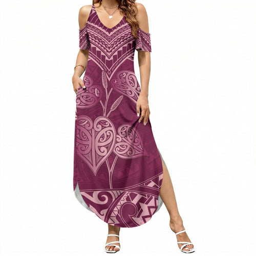 Burgundy New Zealand Kawakawa Maori Ngaru Summer Maxi Dress