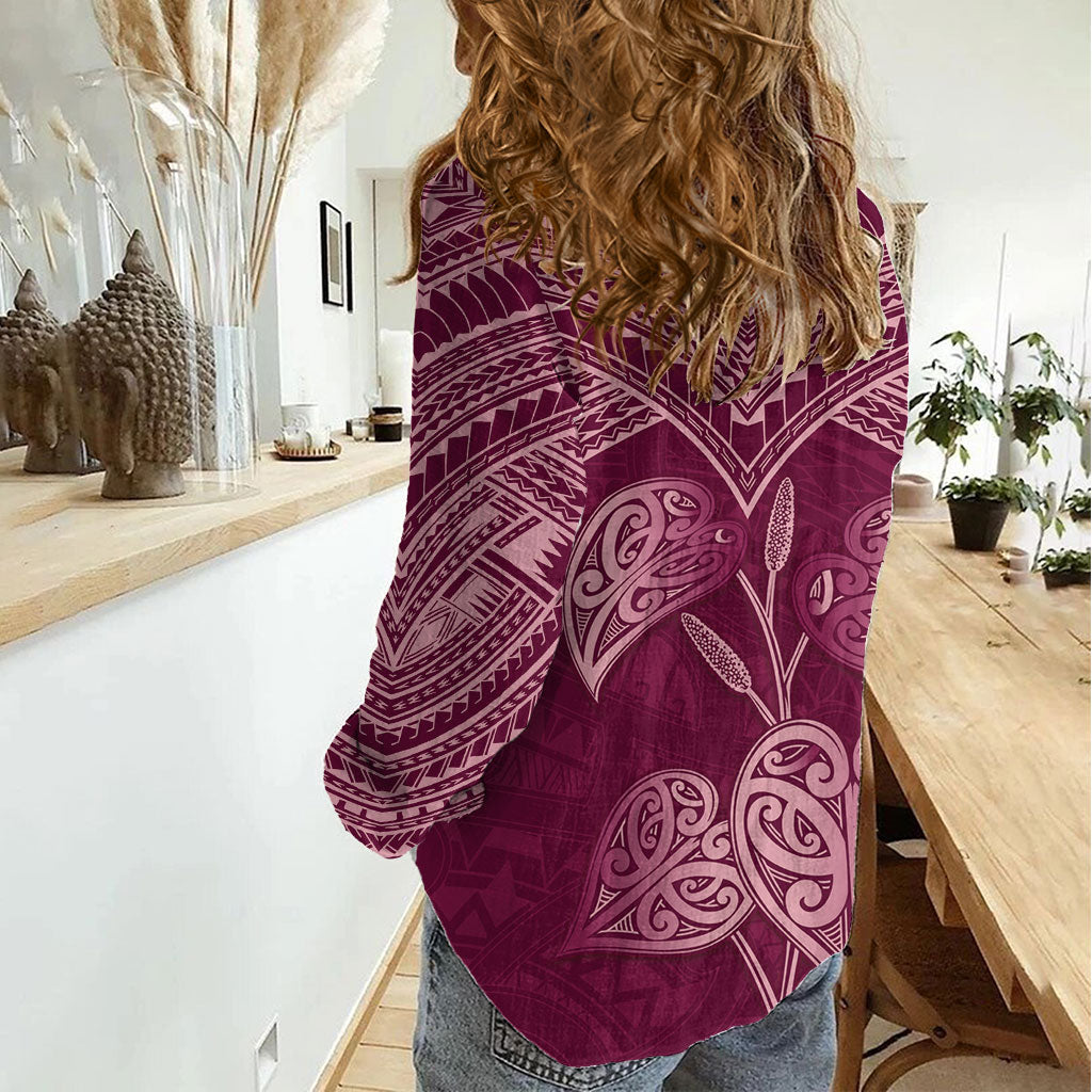 Burgundy New Zealand Kawakawa Maori Ngaru Women Casual Shirt