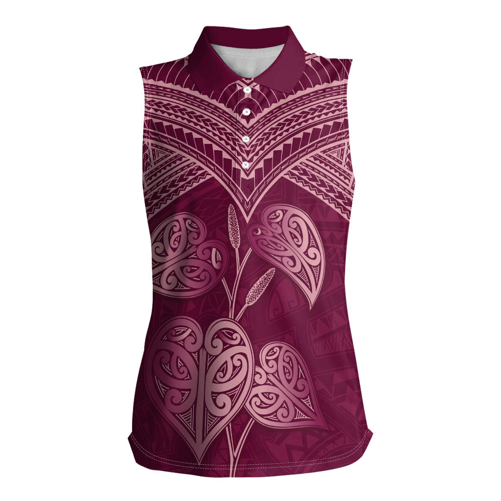 Burgundy New Zealand Kawakawa Maori Ngaru Women Sleeveless Polo Shirt