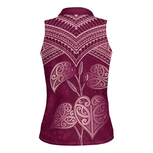 Burgundy New Zealand Kawakawa Maori Ngaru Women Sleeveless Polo Shirt