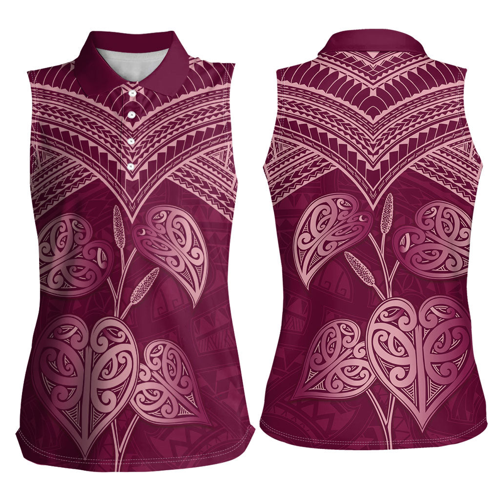 Burgundy New Zealand Kawakawa Maori Ngaru Women Sleeveless Polo Shirt