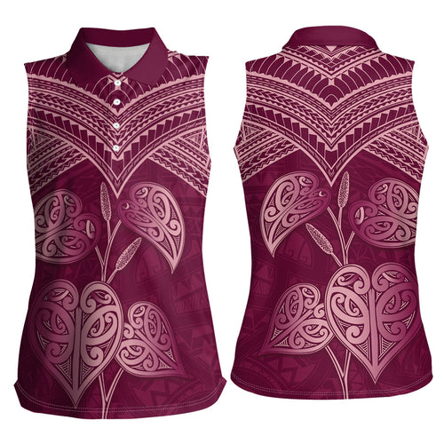 Burgundy New Zealand Kawakawa Maori Ngaru Women Sleeveless Polo Shirt