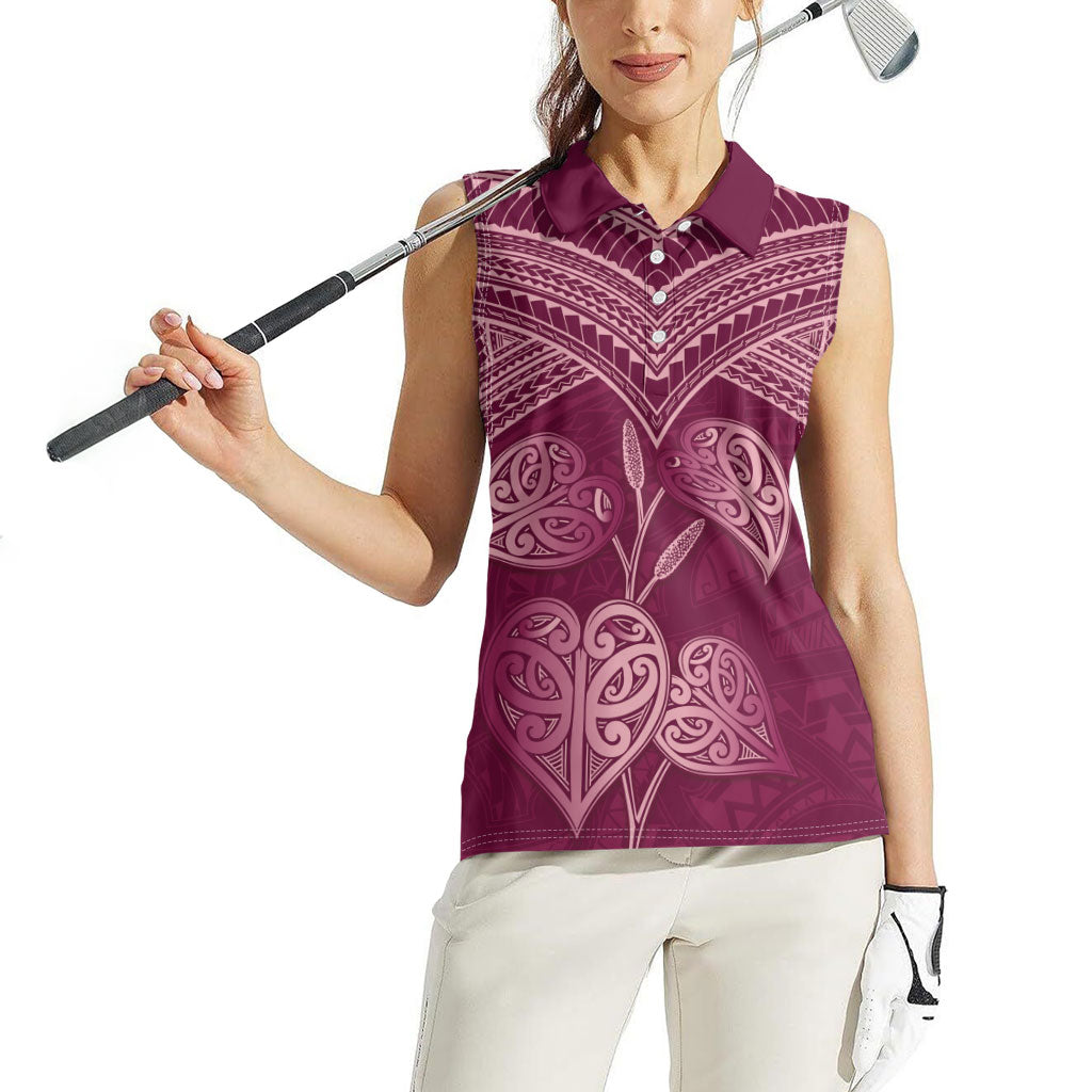 Burgundy New Zealand Kawakawa Maori Ngaru Women Sleeveless Polo Shirt