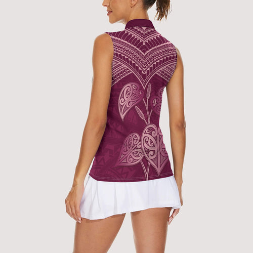 Burgundy New Zealand Kawakawa Maori Ngaru Women Sleeveless Polo Shirt