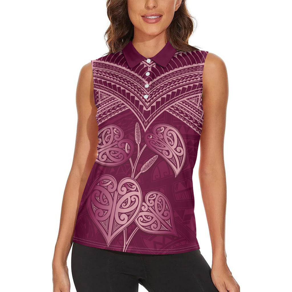 Burgundy New Zealand Kawakawa Maori Ngaru Women Sleeveless Polo Shirt