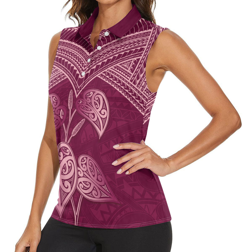 Burgundy New Zealand Kawakawa Maori Ngaru Women Sleeveless Polo Shirt