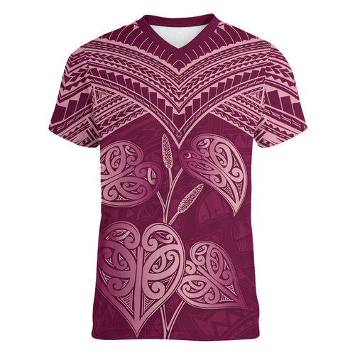 Burgundy New Zealand Kawakawa Maori Ngaru Women V-Neck T-Shirt