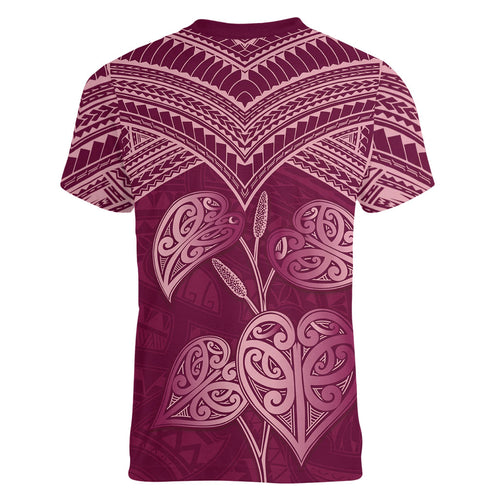 Burgundy New Zealand Kawakawa Maori Ngaru Women V-Neck T-Shirt