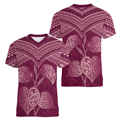 Burgundy New Zealand Kawakawa Maori Ngaru Women V-Neck T-Shirt