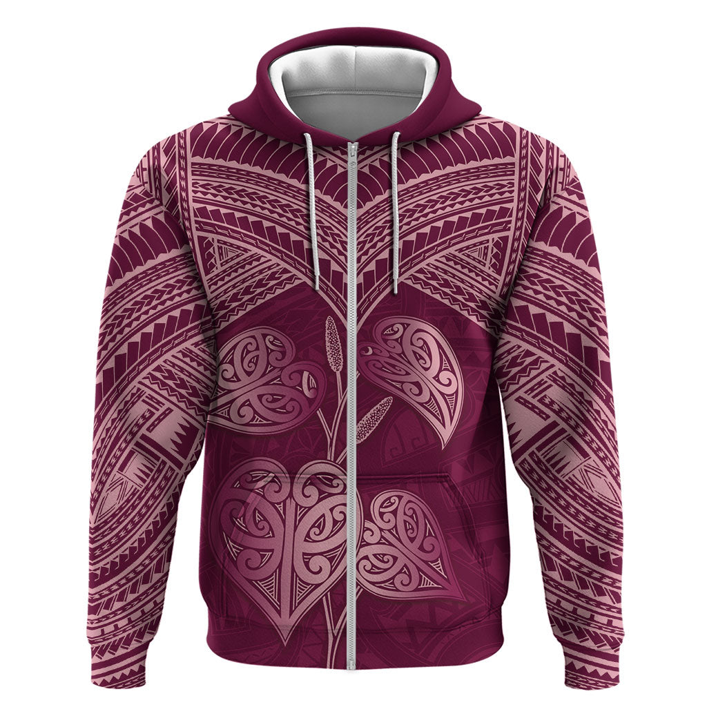 Burgundy New Zealand Kawakawa Maori Ngaru Zip Hoodie