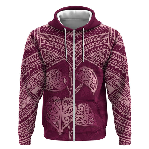 Burgundy New Zealand Kawakawa Maori Ngaru Zip Hoodie