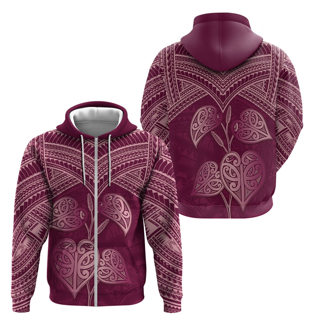 Burgundy New Zealand Kawakawa Maori Ngaru Zip Hoodie