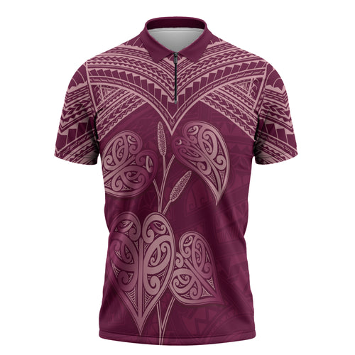 Burgundy New Zealand Kawakawa Maori Ngaru Zipper Polo Shirt