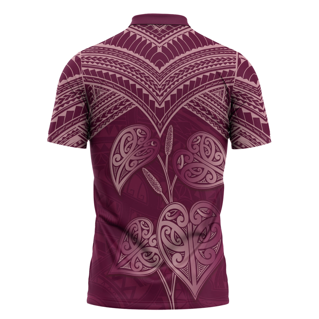 Burgundy New Zealand Kawakawa Maori Ngaru Zipper Polo Shirt