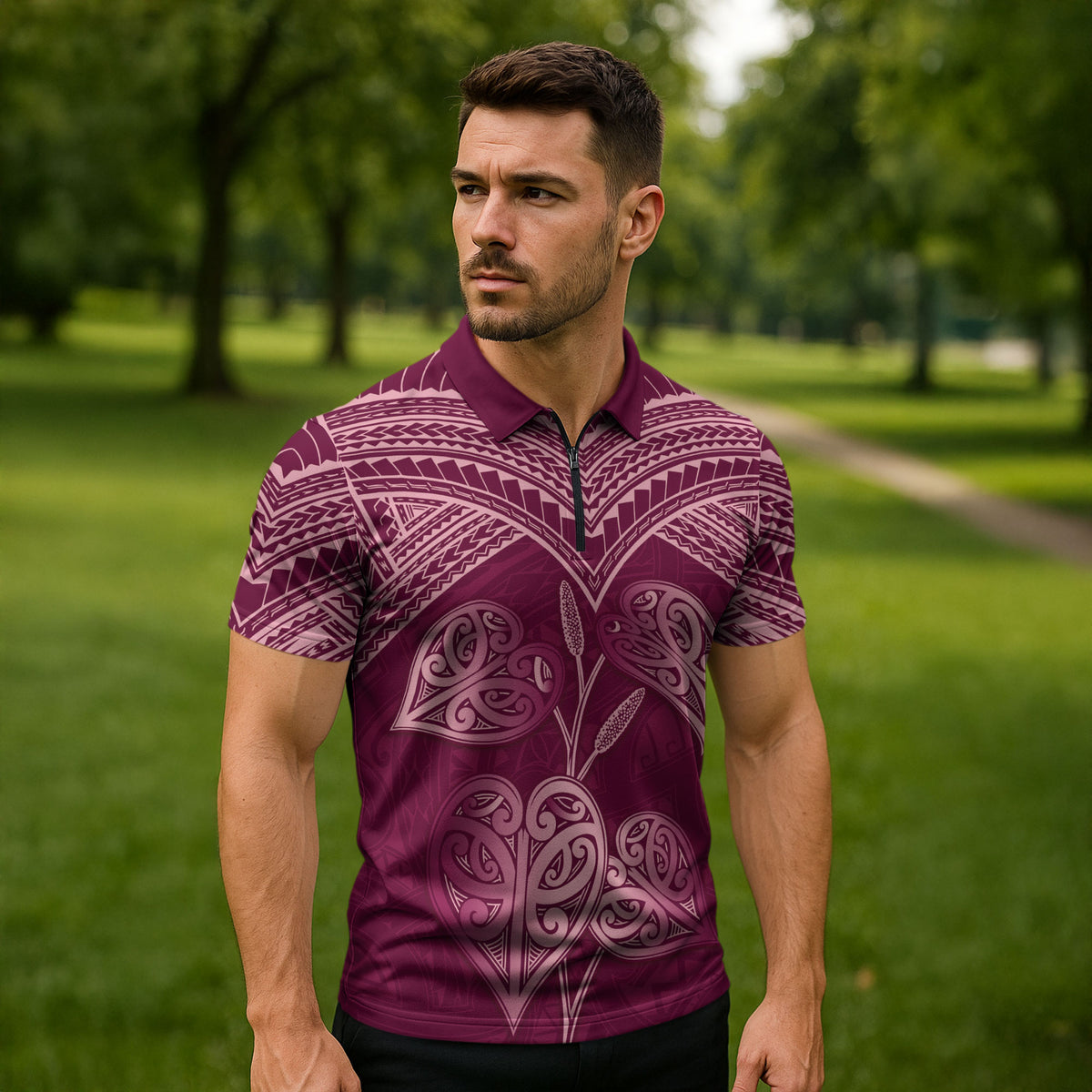 Burgundy New Zealand Kawakawa Maori Ngaru Zipper Polo Shirt