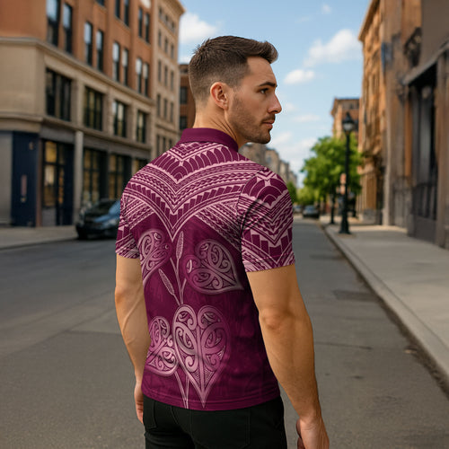 Burgundy New Zealand Kawakawa Maori Ngaru Zipper Polo Shirt