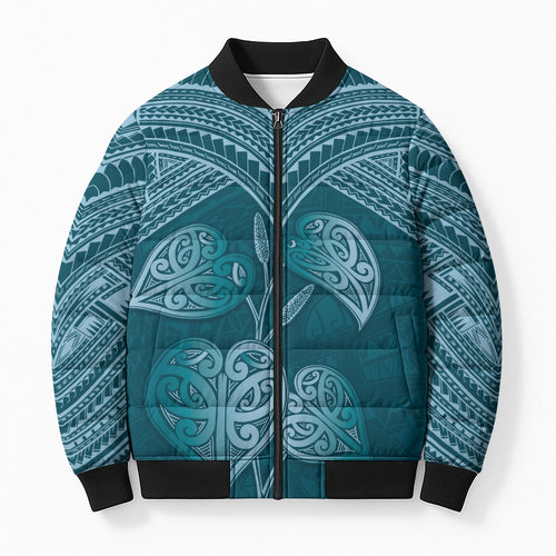 Cyan New Zealand Kawakawa Maori Ngaru Bomber Puffer Jacket