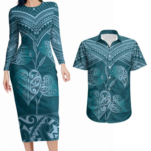 Cyan New Zealand Kawakawa Maori Ngaru Couples Matching Long Sleeve Bodycon Dress and Hawaiian Shirt