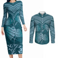 Cyan New Zealand Kawakawa Maori Ngaru Couples Matching Long Sleeve Bodycon Dress and Long Sleeve Button Shirt