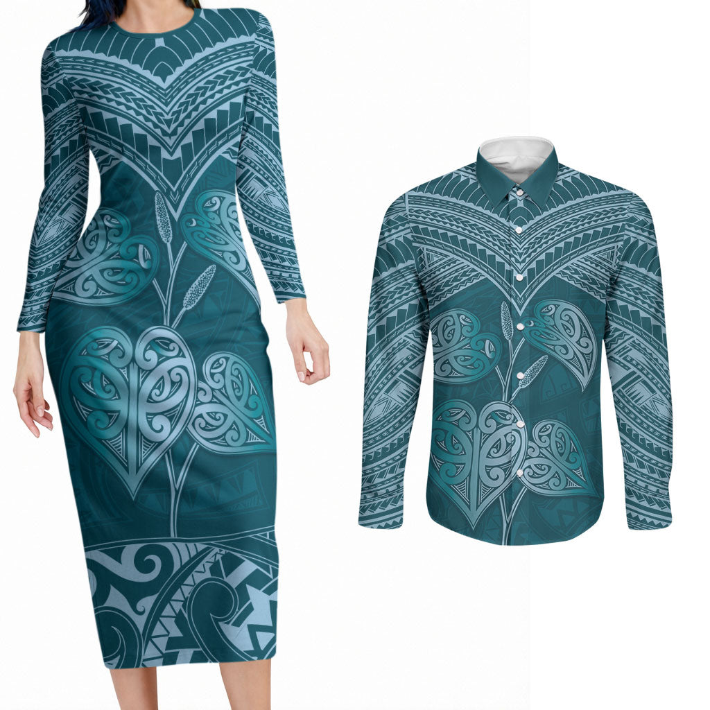 Cyan New Zealand Kawakawa Maori Ngaru Couples Matching Long Sleeve Bodycon Dress and Long Sleeve Button Shirt