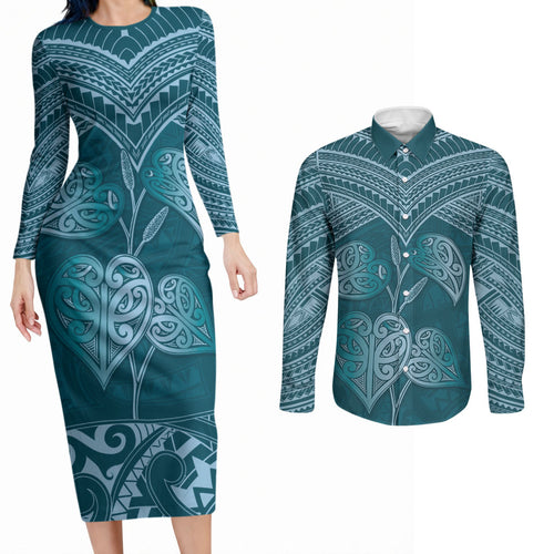 Cyan New Zealand Kawakawa Maori Ngaru Couples Matching Long Sleeve Bodycon Dress and Long Sleeve Button Shirt