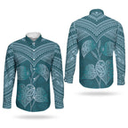 Cyan New Zealand Kawakawa Maori Ngaru Couples Matching Long Sleeve Bodycon Dress and Long Sleeve Button Shirt
