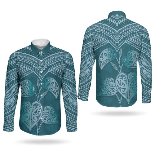 Cyan New Zealand Kawakawa Maori Ngaru Couples Matching Long Sleeve Bodycon Dress and Long Sleeve Button Shirt