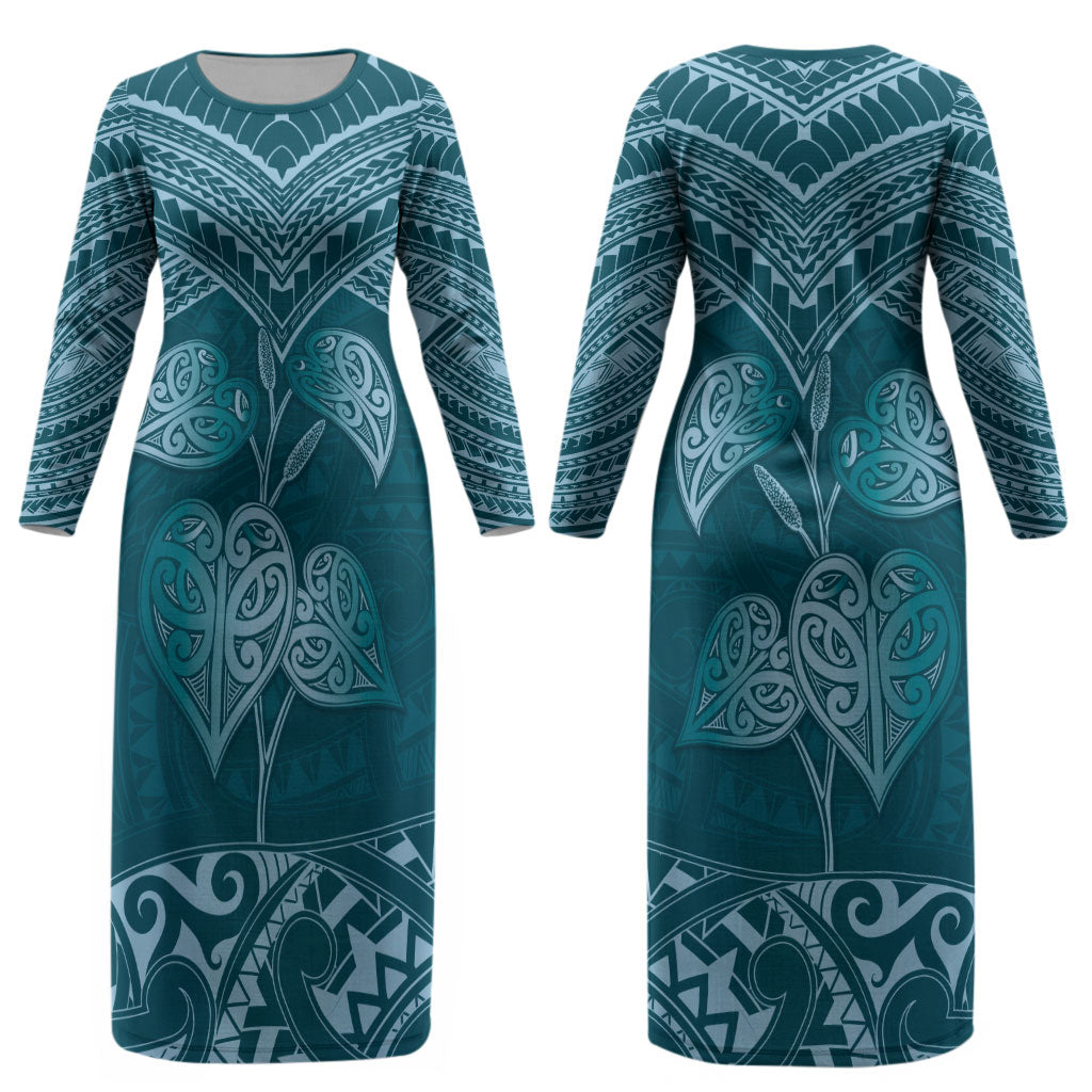 Cyan New Zealand Kawakawa Maori Ngaru Couples Matching Long Sleeve Bodycon Dress and Long Sleeve Button Shirt