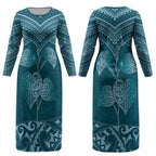 Cyan New Zealand Kawakawa Maori Ngaru Couples Matching Long Sleeve Bodycon Dress and Long Sleeve Button Shirt
