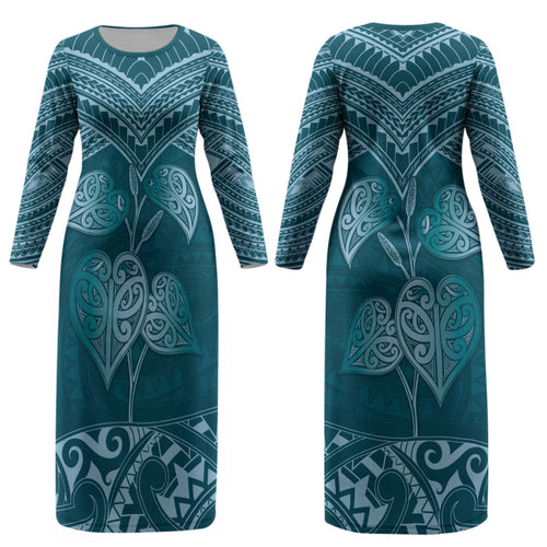 Cyan New Zealand Kawakawa Maori Ngaru Couples Matching Long Sleeve Bodycon Dress and Long Sleeve Button Shirt