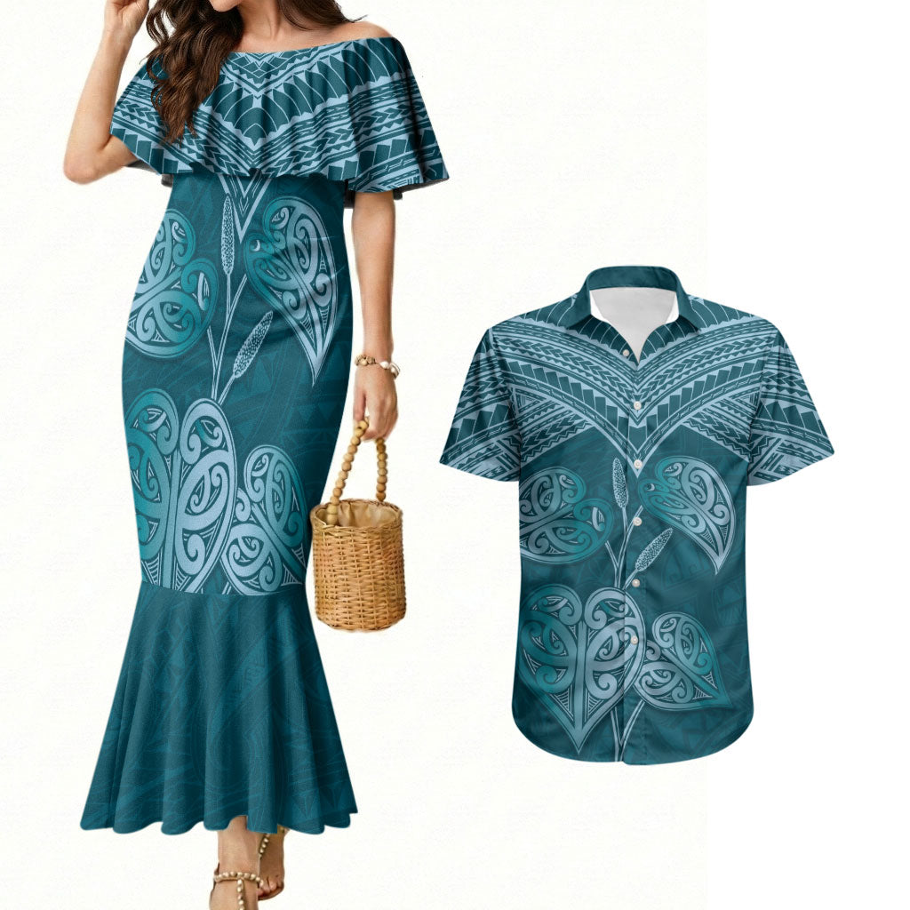 Cyan New Zealand Kawakawa Maori Ngaru Couples Matching Mermaid Dress and Hawaiian Shirt