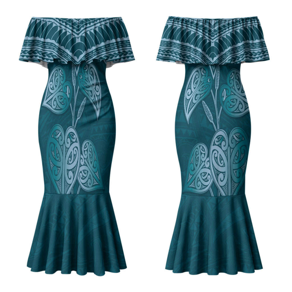 Cyan New Zealand Kawakawa Maori Ngaru Couples Matching Mermaid Dress and Hawaiian Shirt