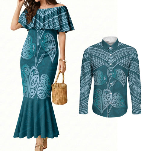 Cyan New Zealand Kawakawa Maori Ngaru Couples Matching Mermaid Dress and Long Sleeve Button Shirt