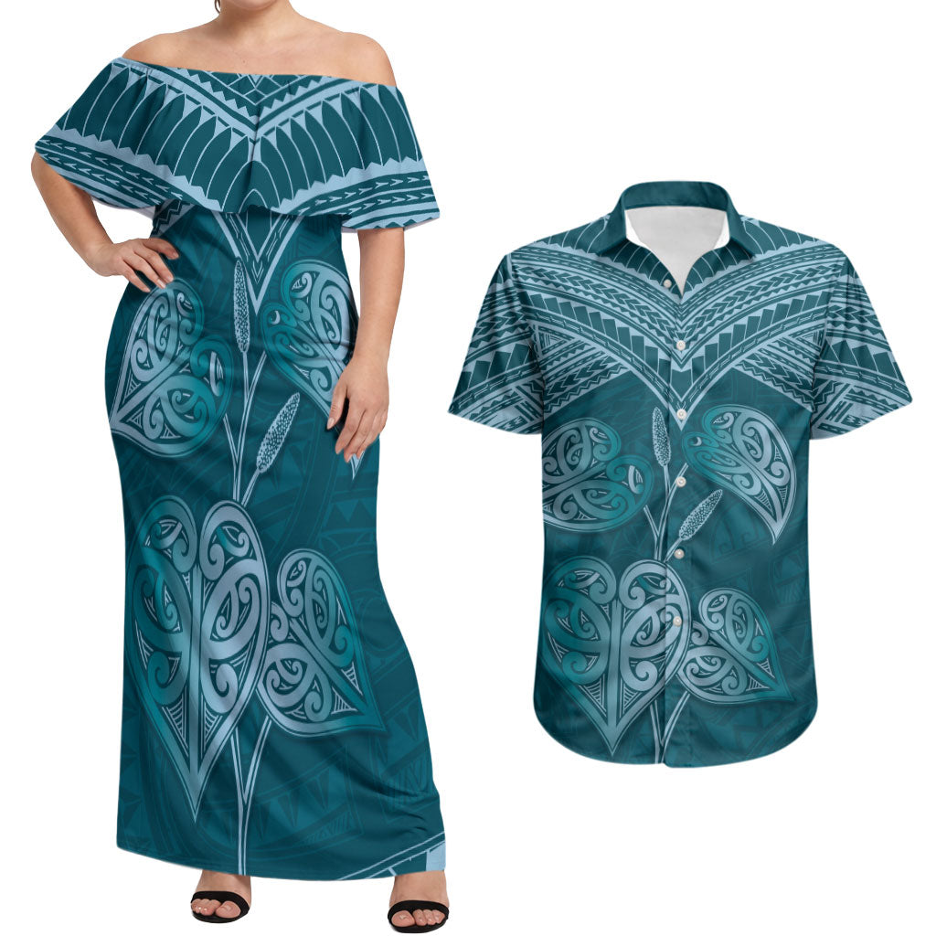 Cyan New Zealand Kawakawa Maori Ngaru Couples Matching Off Shoulder Maxi Dress and Hawaiian Shirt