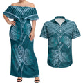 Cyan New Zealand Kawakawa Maori Ngaru Couples Matching Off Shoulder Maxi Dress and Hawaiian Shirt