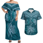 Cyan New Zealand Kawakawa Maori Ngaru Couples Matching Off Shoulder Maxi Dress and Hawaiian Shirt