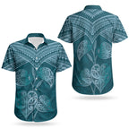 Cyan New Zealand Kawakawa Maori Ngaru Couples Matching Off Shoulder Maxi Dress and Hawaiian Shirt