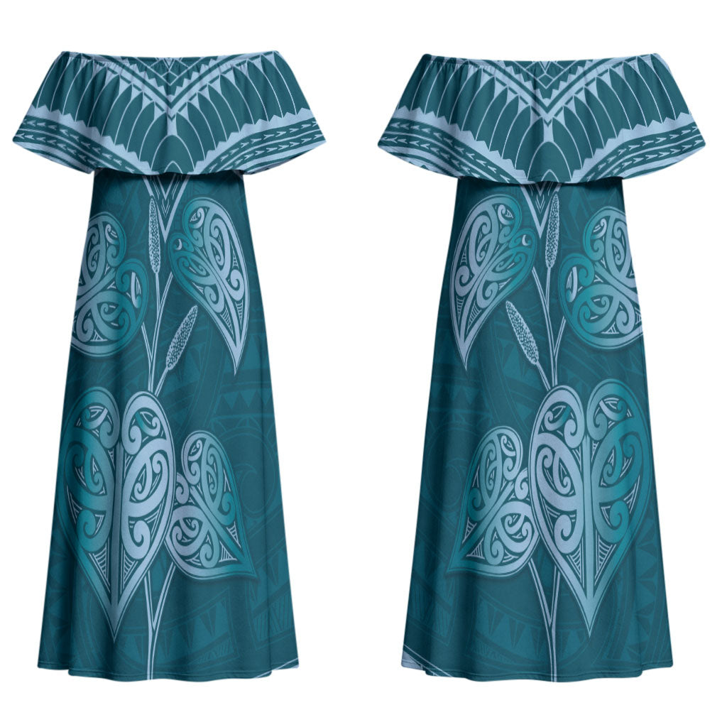 Cyan New Zealand Kawakawa Maori Ngaru Couples Matching Off Shoulder Maxi Dress and Hawaiian Shirt