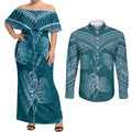 Cyan New Zealand Kawakawa Maori Ngaru Couples Matching Off Shoulder Maxi Dress and Long Sleeve Button Shirt