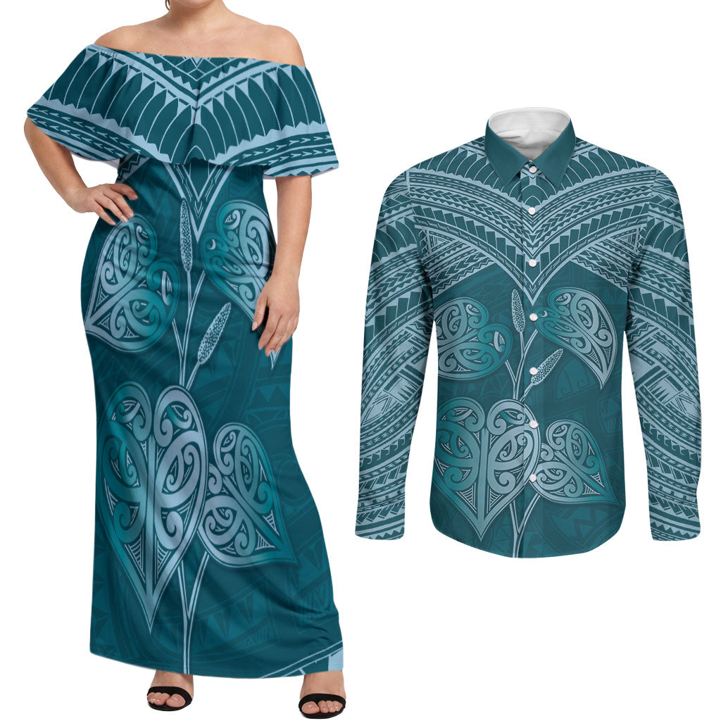 Cyan New Zealand Kawakawa Maori Ngaru Couples Matching Off Shoulder Maxi Dress and Long Sleeve Button Shirt
