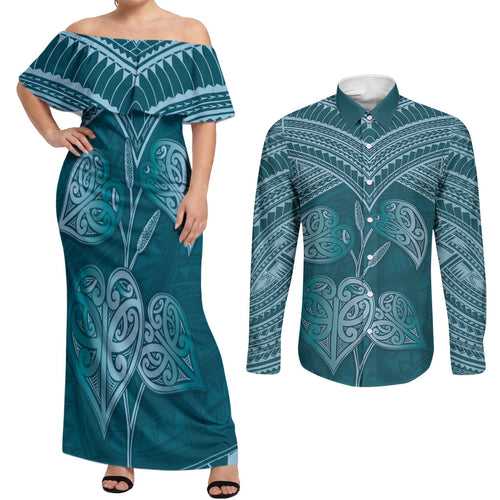 Cyan New Zealand Kawakawa Maori Ngaru Couples Matching Off Shoulder Maxi Dress and Long Sleeve Button Shirt