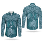 Cyan New Zealand Kawakawa Maori Ngaru Couples Matching Off Shoulder Maxi Dress and Long Sleeve Button Shirt
