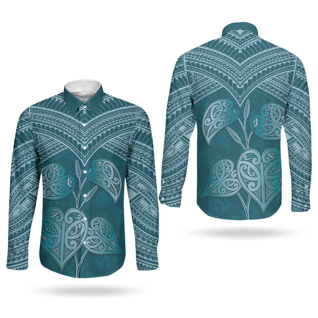 Cyan New Zealand Kawakawa Maori Ngaru Couples Matching Off Shoulder Maxi Dress and Long Sleeve Button Shirt